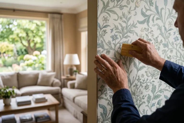 Installer pressing a wallpaper seam flat with a smoothing tool